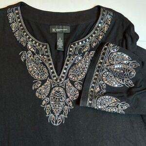INC International Concepts Black Silver Embellished Paisley V Neck Tunic  1X